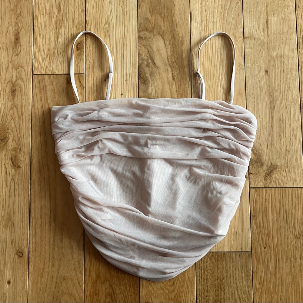 Babaton Aritzia Womens Light Pink Ruched Crop Top Sheer Draped with Cups Size 4